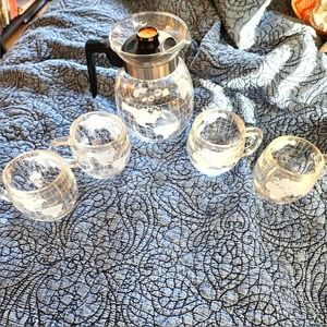 Nestle Coffee Carafe with 4 Glass Coffee Mugs Etched Map Atlas